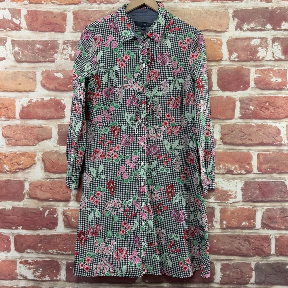 Tommy Hilfiger Dress Women's 10 Multicolor Gingham Plaid Floral Ruffle Button Up